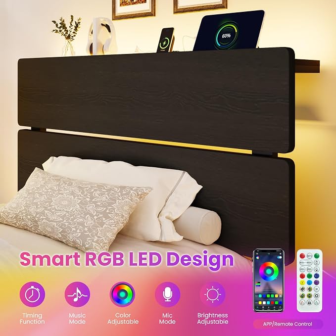 SHA CERLIN Twin Size Bed Frame, Led Light, Charging Station, Storage Shelf | Wooden Headboard, Heavy Duty Slats Support, Metal Platform Bed, Under Bed Storage, No Box Spring Needed, Noise Free, Black