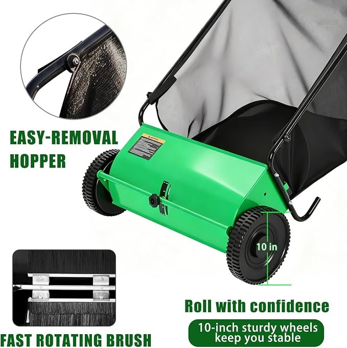Push Lawn Sweeper, 26 in Grass Sweeper Leaf Collector with 7 Cu.ft Mesh Bag, Yard Sweeper with Adjustable Brush Height and 4 Spinning Brushes for Cleanup, Lawn Care Equipment