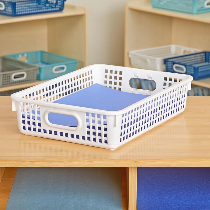 Really Good Stuff Multi-Purpose Small Desktop Paper Storage Baskets | 14" x 10" x 3.25", Set of 4, Neutral Group Colors, Classroom Organization, Stackable Mesh Plastic Baskets with Grip Handles