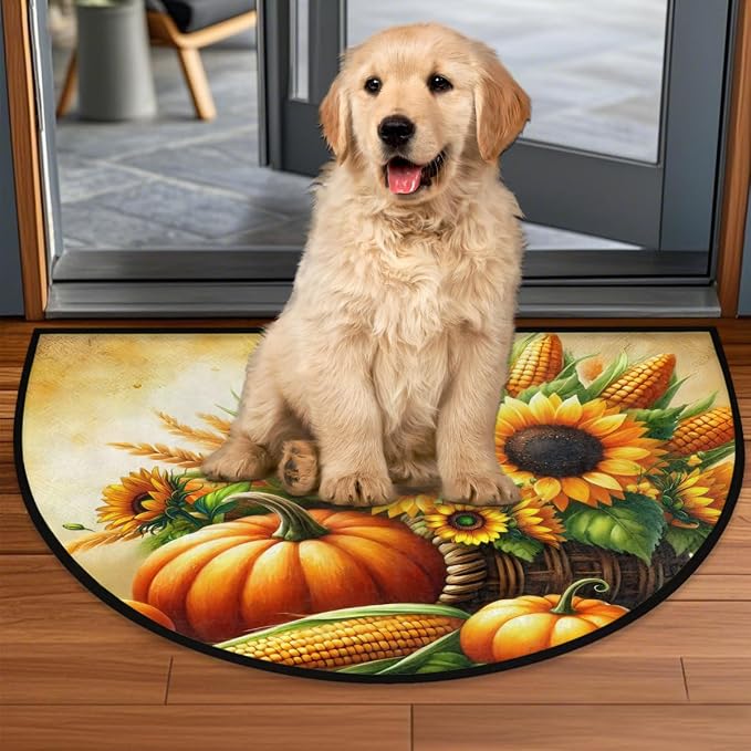 Autumn Pumpkin Half Round Door Mat Semi Moon Rug Fireplace Carpet Area Rugs | Autumn Pumpkin Non Slip Absorbent Half Circle Mat Carpet for Indoor Outdoor Patio Kitchen Bathroom Entryway Home Decor