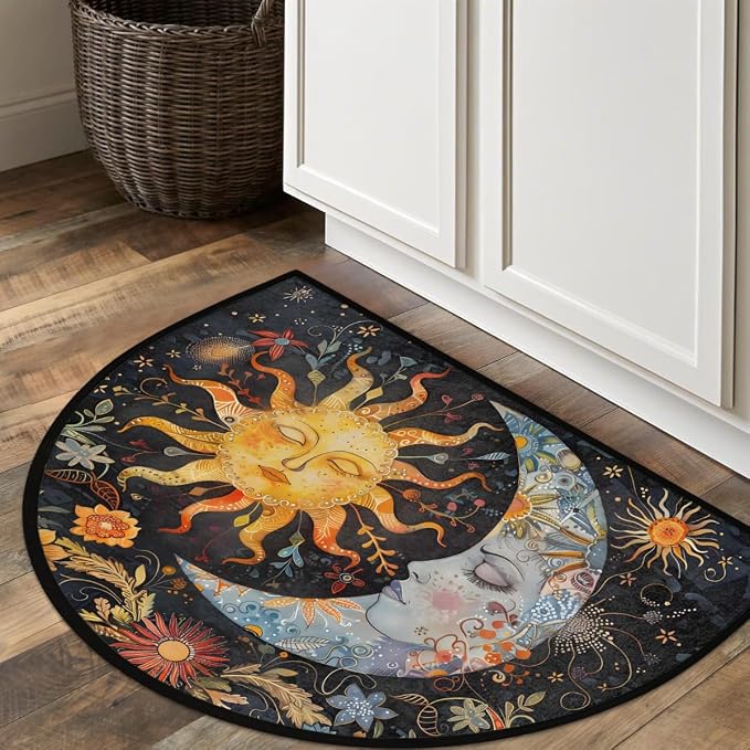 Sun Moon Half Round Doormat Semi Circle Rug Half Moon Rug Entryway Mat | Ethnic Washable Non Slip Outdoor Floor Rug Kitchen Mat for Indoor Outdoor Bathroom Fireplace Bath Decor
