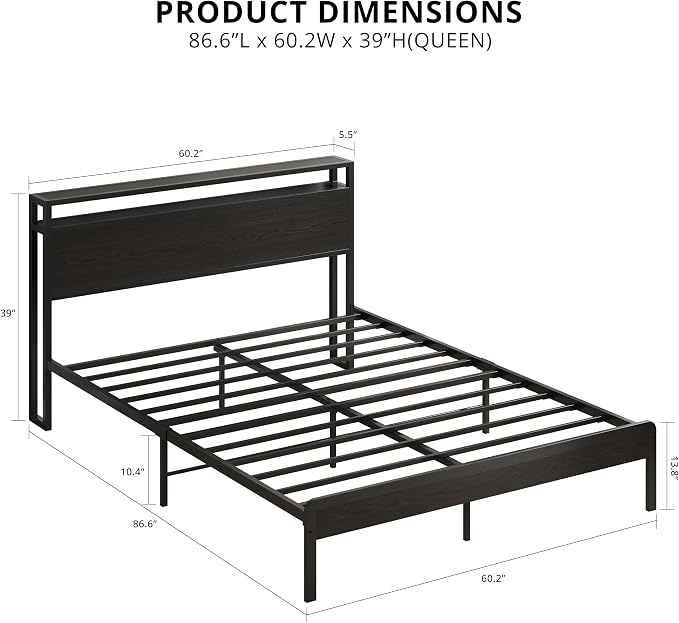 LIKIMIO Queen Bed Frame with 2-Tier Storage Shelf Headboard | Dark Wood Platform Bed, Camas Queen with Strong Metal Supports, Sturdy, Noise-Free, No Box Spring Needed, Classic Black