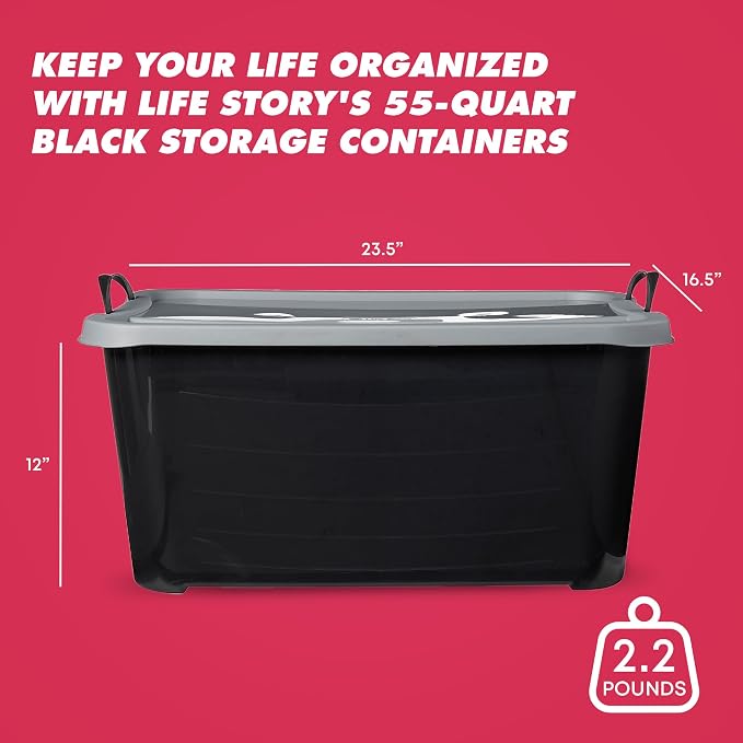 Life Story 18 Pack Heavy Duty Stackable Storage Bin, 55 Qt, Black/Gray | Versatile Home Organizer Set, Lightweight Locking Bins with Carrying Handles