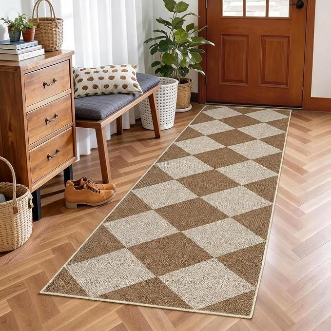 Garvee 2x6 Kitchen Rugs Non Slip Washable Runner Rug, Geometric Easy Jute Indoor Outdoor Rugs for Entryway, Non Shedding Stain Resistant Neutral Diamond Mat for Patio, Porch, Bedroom, Coffee/White