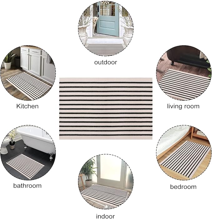 LEEVAN Outdoor Runner Rug 2x4.3 Black and White Striped Front Porch Rug | Layering Fall Doormat Farmhouse Front Porch Rug Cotton Woven Washable Throw Carpet Runner for Front Steps/Bathroom/Kitchen
