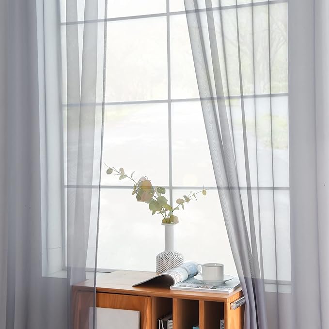 youleyar Solid Sheer Rod Pocket Curtain Voile Draperies 2 Panels White Beige Black Grey Coffee 52 Inch Width 45 Inch Long 1 Pair for Kitchen Bedroom Children Living Room Yard(Grey,52Wｘ45L)