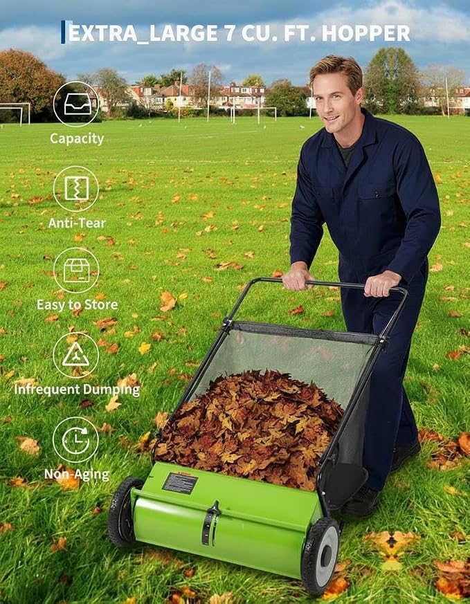 GarveeLife 21 Inch Push Lawn Sweeper with 4 Spinning Brushes, 3.5 Cu.ft Large Capacity Leaf Collector, Adjustable Height Grass Sweeper, All Terrain Lawn Leaf Debris Removal Tool for Yard Garden Patio | 3.5 Cu.ft Large Leaf Collector, Grass Sweeper, All...