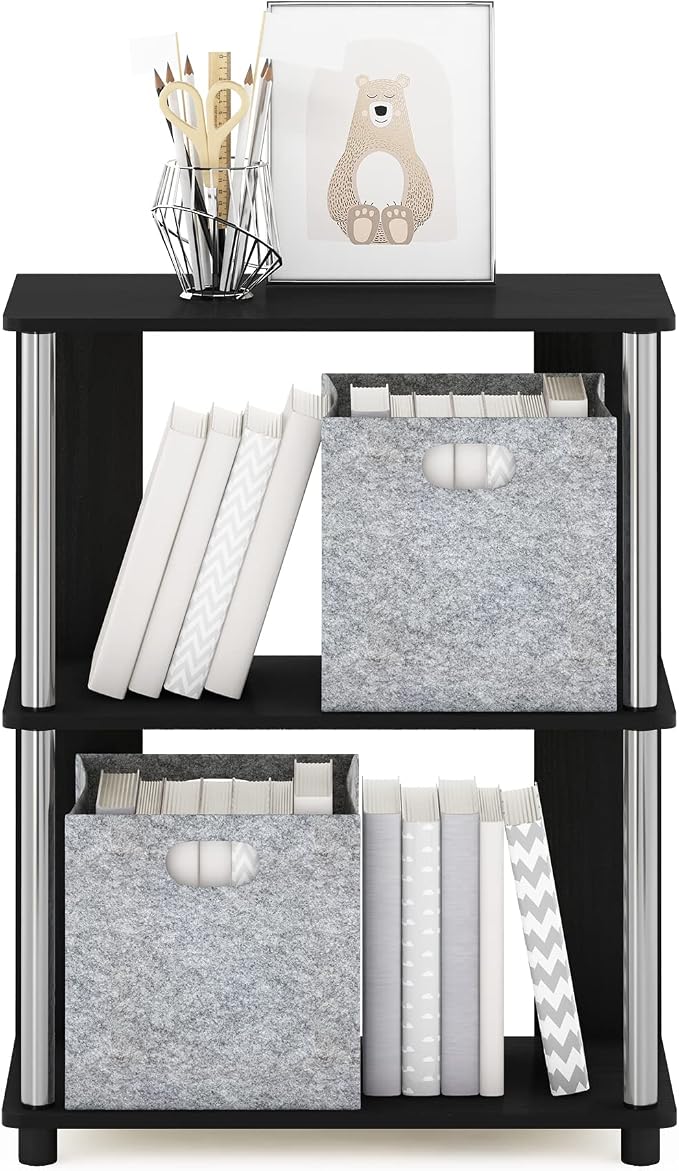 Furinno Jaya Simple Design 3-Tier Bookcase/Bookshelf/Display Rack with Stainless Steel Tubes, Americano | 11.6 x 23.6 x 30, Storage Shelves, Shelving Unit, for Organization and Storage, Living Room, Garage, Home Office