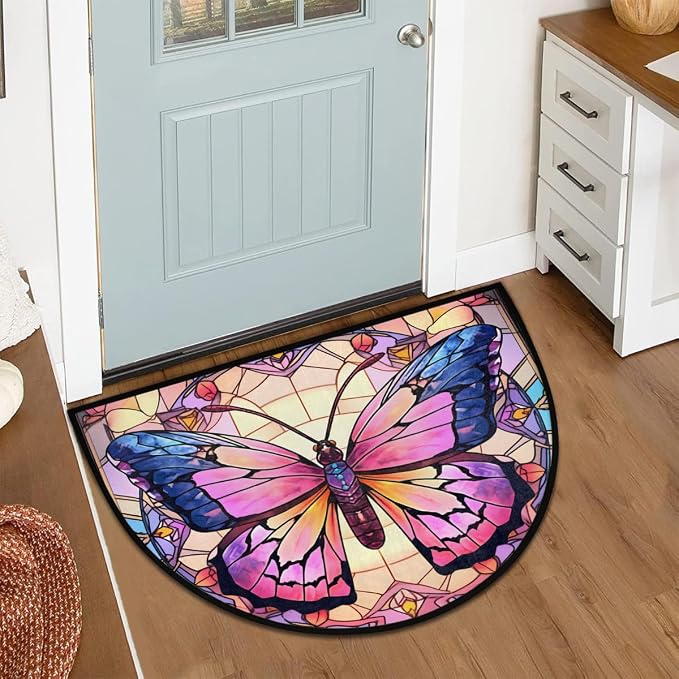 Pardick Half Round Doormat Window Butterfly Art Semi Circle Rug Non Slip Indoor Outdoor Entrance Half Moon Rug Washable Front Floor Mat for Kitchen Bathroom Patio Fireplace Holiday Decor