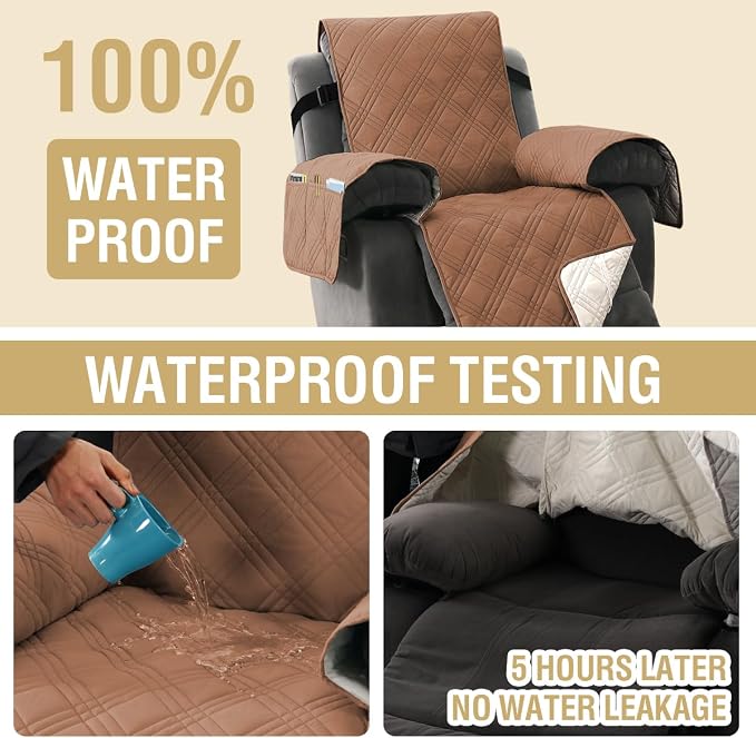 H.VERSAILTEX 100% Waterproof Recliner Chair Covers with Arms Lazy Boy Recliner Chair Covers Furniture Protector with Elastic Straps for Pets Kids Sitting Width Up to 23" (Recliner, Terracotta/Beige)