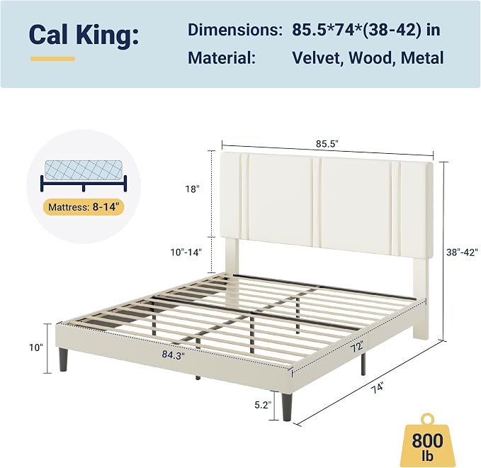 Allewie California King Size Platform Bed Frame with Adjustable Headboard | Plush Velvet Upholstered, Vertical Channel Tufted, Sturdy Wood Slats, No Box Spring Needed, Easy Assembly, Cream