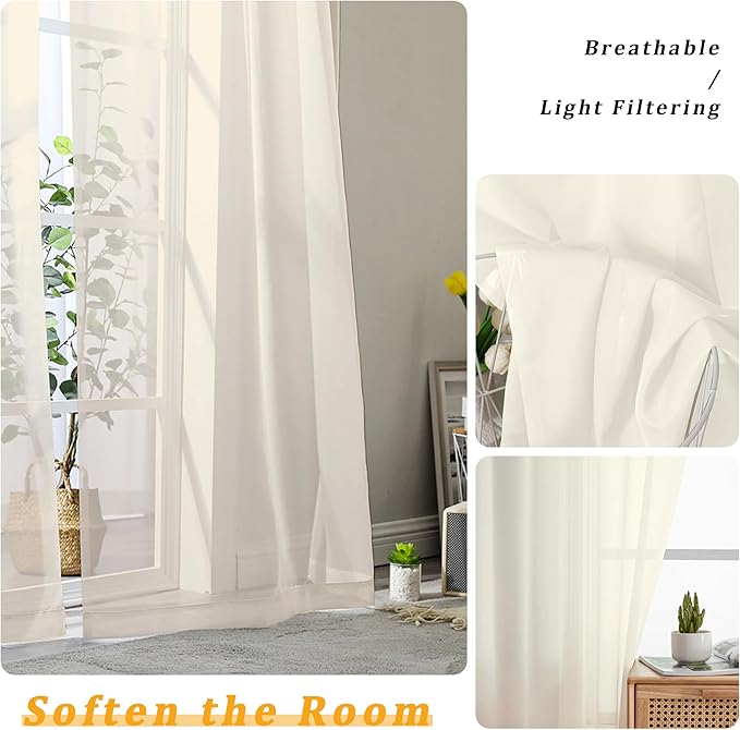 Gwine Cream Sheer Curtains 72 Inches Long 2 Panels Set - Image 3