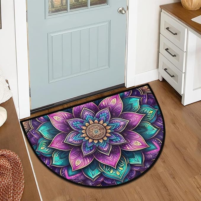 Mandala Flower Boho Color Half Round Door Mat Non-Slip Semi Circle Rug Washable Half Moon Floor Rug Absorbent Bathroom Area Rugs for Outdoor Indoor Fireplace Mat Entryway Kitchen Decor Rugs