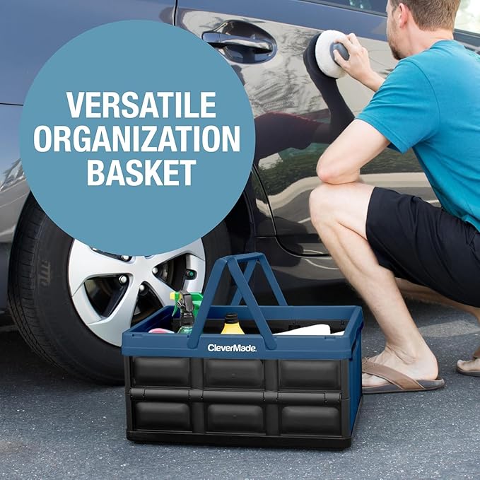 CleverMade Collapsible Shopping Basket, 32L, Recycled Plastic, Ocean | Rigid walls support up to 35 lb, while top and side handles balance heavier grocery, laundry, or gear loads.