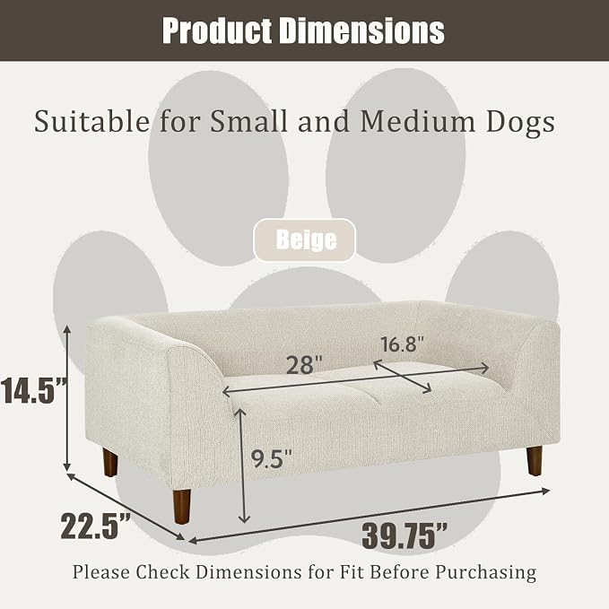 39.75 “x 22.5 “ Elevated Pet Sofa for Small Medium Dogs | Elevated Base | Breathable Linen Fabric | Armrest & Backrest | Plush Thick Cushion|Easy to Clean | Beige