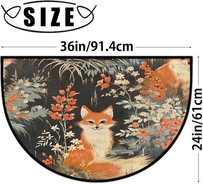 Vintage Fox Pattern Half Round Door Mat, Non-Slip Entrance Welcome Mat for Indoor Semi Circle Bathroom Floor Rugs Outdoor Mats House Entry Way Heavy Duty Doormat for Kitchen Living Room 36x24 Inch
