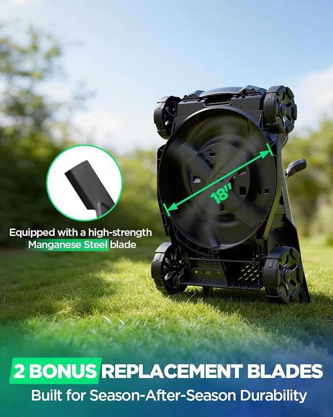 18" 40V Brushless Cordless Electric Lawn Mower | Includes Two 20V 8.0Ah Batteries & Charger, 6-Level Height Adjustment (25mm-75mm), 50L Collection Bag, and 2 Spare Blades