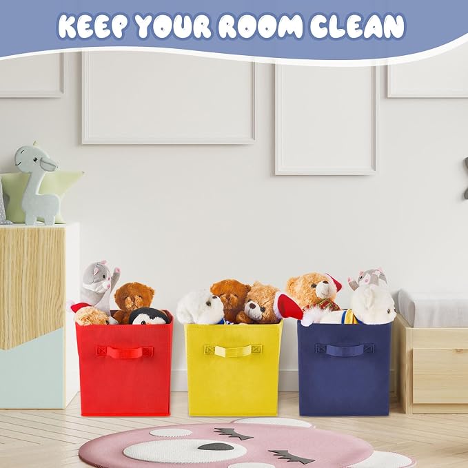 Yinder 12 Pcs Cube Storage Bin 10.5''x10.5''x11'' Storage Bins for Playroom Decor Colorful Bins for Kids Foldable Baskets for Nursery Organizer Boxes Fabric Boxes(Navy Blue, Red, Yellow)