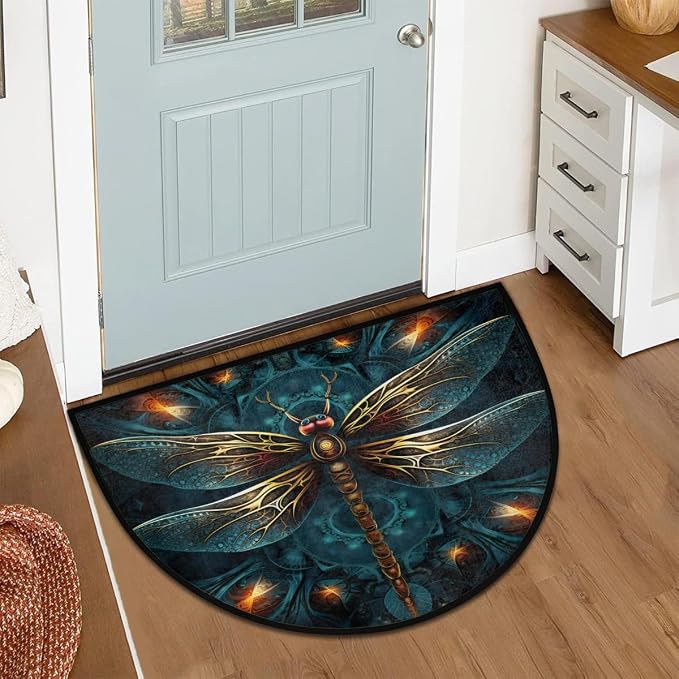 Pardick Half Round Doormat Dragonfly Animal Blue Semi Circle Rug Non Slip Indoor Outdoor Entrance Half Moon Rug Washable Front Floor Mat for Kitchen Bathroom Patio Fireplace Holiday Decor