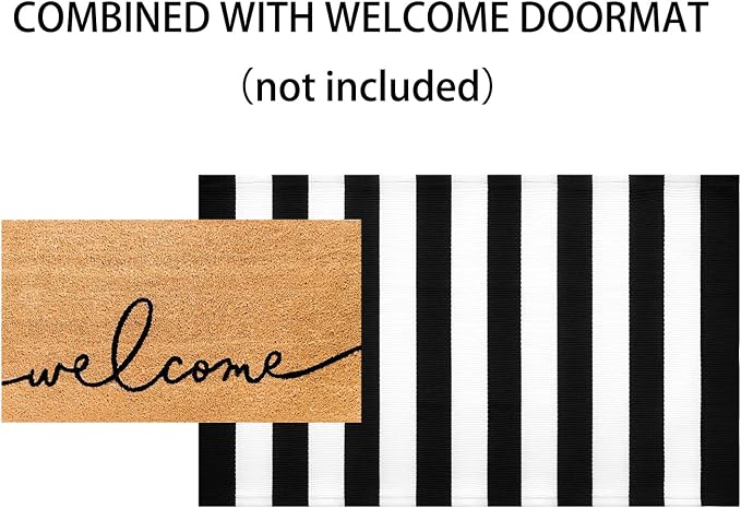 3'x5'Outdoor Rug,Black and White Striped Washable Front Porch Rug Farmhouse Cotton Woven Entry Rug Indoor Outdoor Area Rug for Porch/Home Entrace Decor/Bedroom/Layered Door Mats