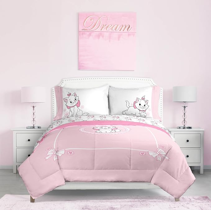 Disney Aristocats Marie Queen Comforter Set 7 Piece Kids Bedding, Pink | Bed in a Bag, Comforter Sheets Shams Pillowcases, Official Brand, Soft Microfiber, Machine Washable, Girls Gift