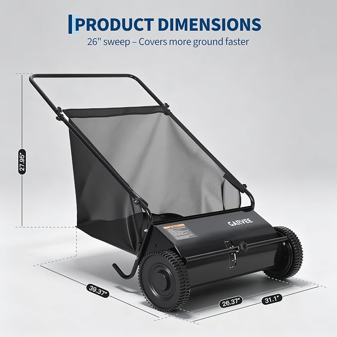 Garvee 26 Inch Push Lawn Sweeper, Walk Behind Leaf Grass Collector with 7 Cu ft Hopper Bag, Carbon Steel Frame, Yard Sweeper with Adjustable Brush Height for Garden Patio Driveway Leaves Cleanup | 7 Cu ft Hopper Bag, Carbon Steel Frame, Yard Sweeper wi...