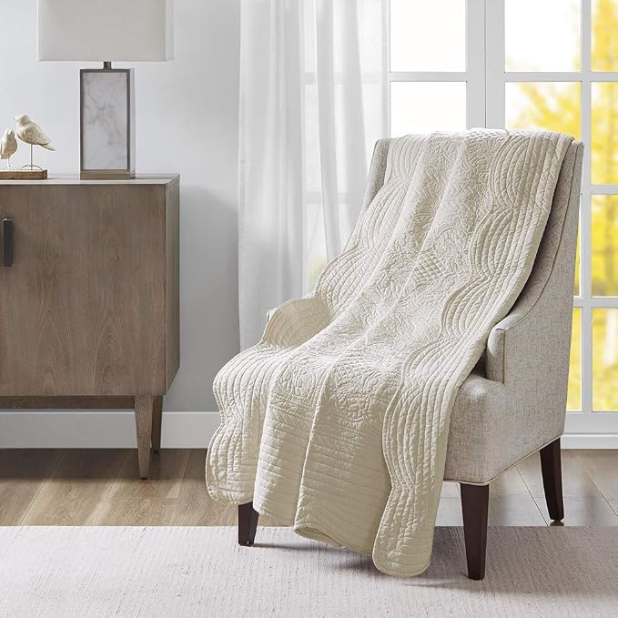 Madison Park Luxe Damask Stitching Throw Blanket, 60"x72" | Cotton Filled Spread, Ultra Soft, Cozy Bedding for Living Room Couch, Sofa, Bed, Scalloped Borders, Cream