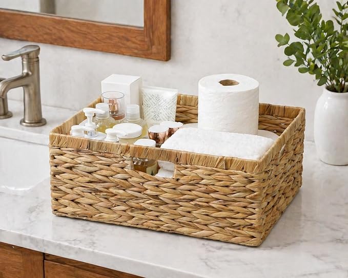 Water Hyacinth Wicker Storage Basket with Handles, Large | 15 x 11 x 6.75 Inch Basket, Shelf Organizer, Rectangular Woven Bin, Towel and Blanket Storage, Natural Decor