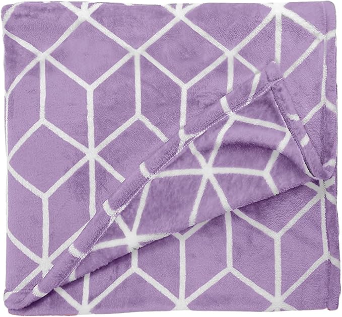Elegant Comfort Luxury Velvety Feel Blanket, All-Season Lightweight Blanket, Ultra Plush, Soft, Cozy-Fuzzy Flannel Fleece for Couch, Sofa, Bed, Travel, Cube Design, King/California King, Lilac