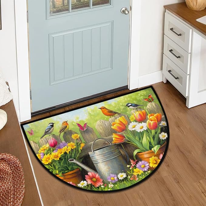 cfpolar Spring Birds Flowers Half Round Door Mat Indoor Entrance Half Circle Area Rug Semi Circular Door Mat Half Moon Rug for Floor Bathroom Living Room Bedroom Kitchen Fireplace 24"x36",A-08