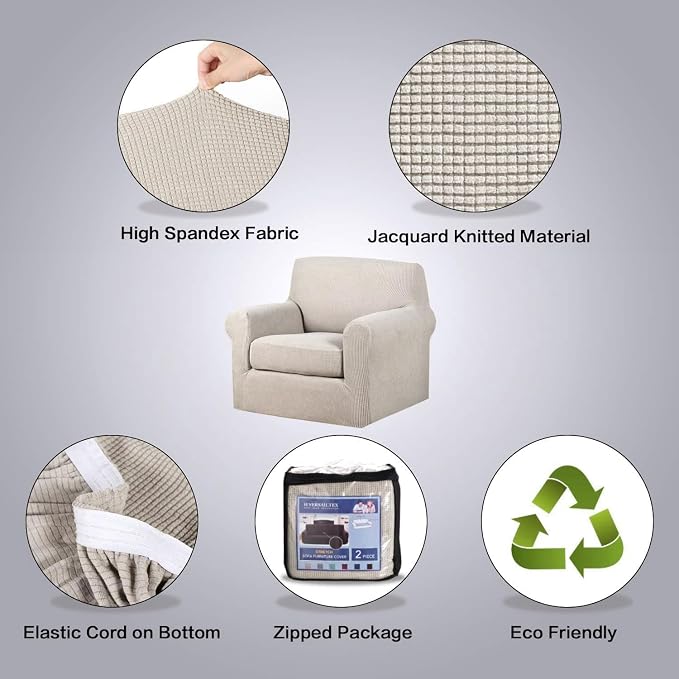 H.VERSAILTEX Stretch Armchair Covers Slipcover 2 Piece Chair Covers for Living Room Furniture Cover Suit for T Cushion/Box Cushion, Jacquard Fabric Small Checks(Armchair-Standard, Island Fossi)