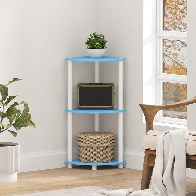 Furinno Turn-N-Tube Toolless Assembly 3-Tier Corner Shelf, Blue Corner Book Shelf, Open Shelves Bookshelf, for Organization and Storage, Living Room, Home Office, Bedroom, Soft Blue