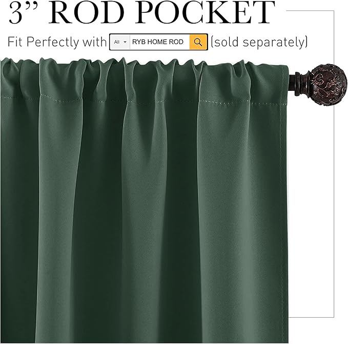 RYB HOME Blackout Cafe Curtains 30 inch Length, Short Light UV Heat Blocking Energy Saving Privacy Curtain Tiers for Basement Bathroom Kitchen Window, Width 29 by Length 30, Dark Green, 2 Panels