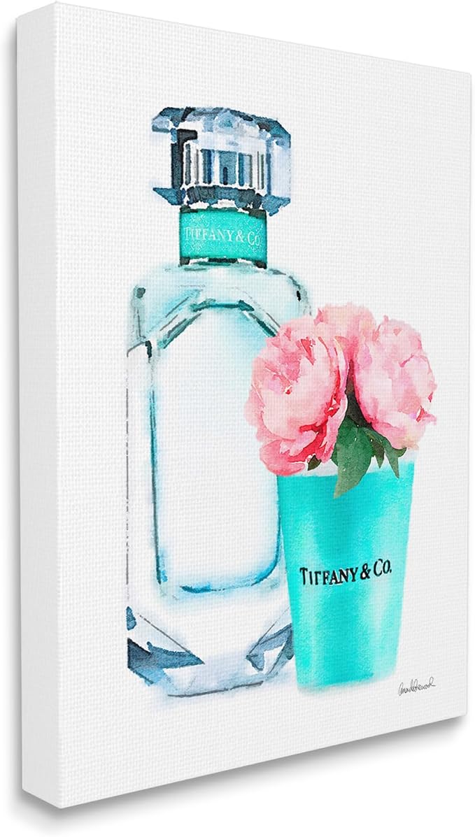 The Stupell Home Décor Collection Teal Blue Perfume Bottle and Pink Peonies Stretched Canvas Wall Art, Multi-Color, 16 x 20, Gallery Wrapped Canvas | Stupell Industries · By Amanda Greenwood · Ready to hang · Chic gift for home decor · Made in USA