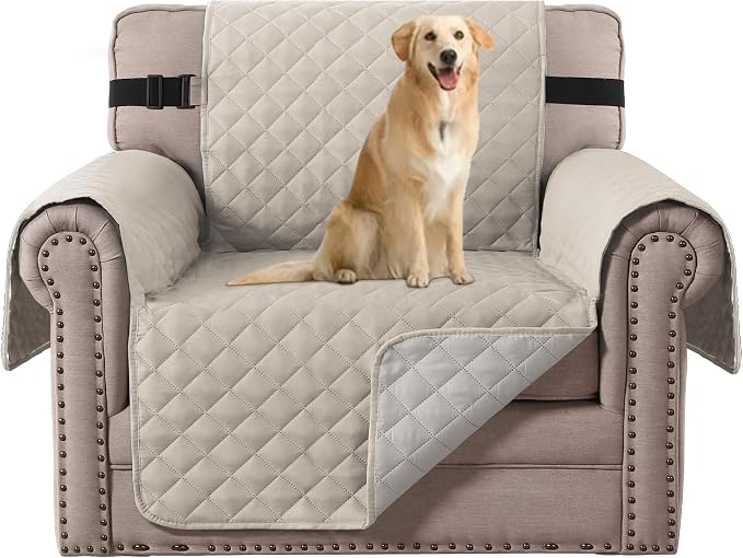H.VERSAILTEX Chair Slipcover Reversible Chair Cover Water Resistant Washable Chair Cover Non-Slip Fabric Furniture Protector with Elastic Strap for Pets(Armchair, Pale Oak)