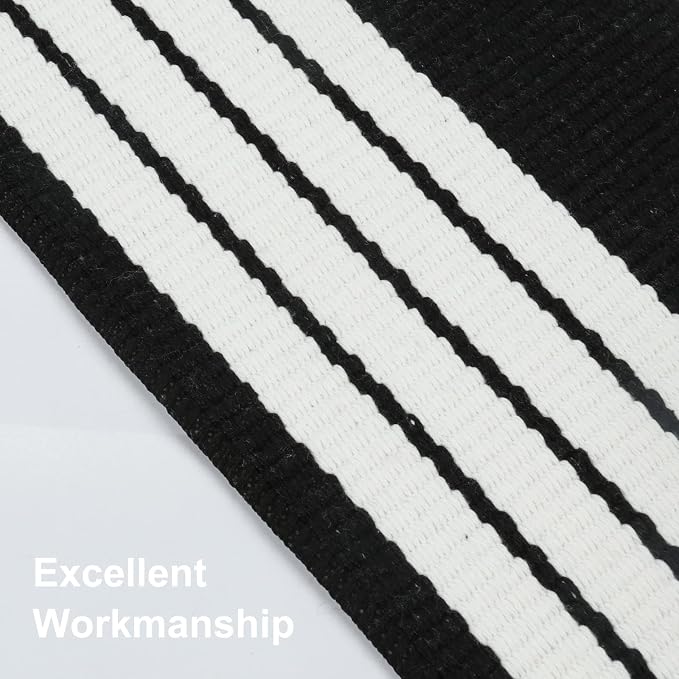 LEEVAN 4'X6' Black and White Striped Woven Cotton Reversible Outdoor Rug | Machine Washable Front Porch Rug, Entryway Door Mat, Indoor Layering Carpet for Balcony Farmhouse Laundry Farmhouse