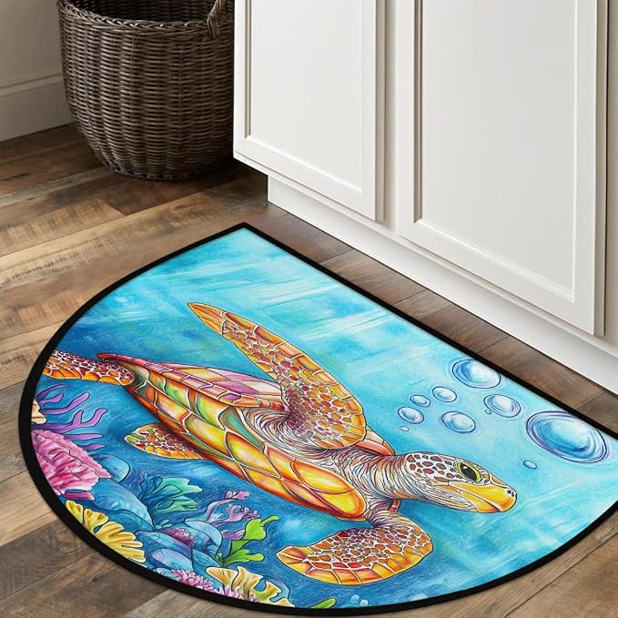 Sea Colorful Turtle Half Round Door Mat Non-Slip Semi Circle Rug Washable Half Moon Floor Rug Absorbent Bathroom Area Rugs for Outdoor Indoor Fireplace Mat Entryway Kitchen Decor Rugs