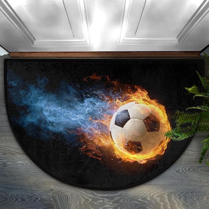 Soccer Half Round Doormat Non-Slip Semi Circle Rug Half Moon Mat | Black Flame Washable Soft Absorbent Indoor Outdoor Entrance Kitchen Bathroom Sink Patio Welcome Fireplace Floor Rug