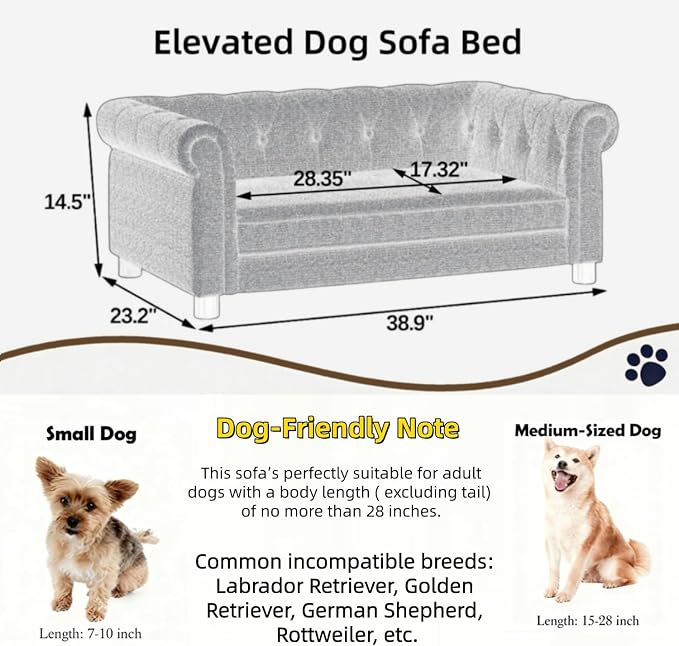 39" Dog Sofa Couch Bed for Small, Medium, Large Dogs,Memory Foam Pet Sofa with Removable Cover, Comfortable Pet Couch with Backrest and Armrests, Easy to Clean and Maintain（Light Grey）