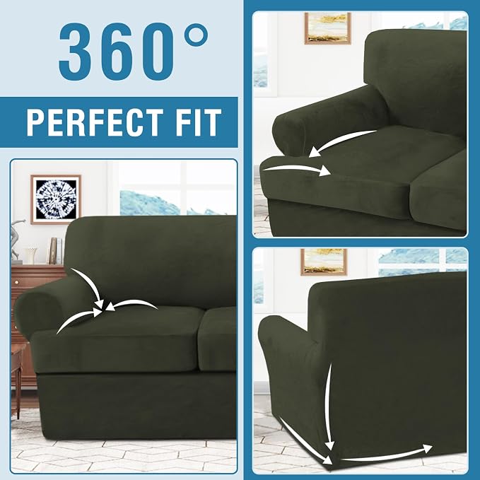 H.VERSAILTEX Sofa Cover 3 Piece T Cushion Loveseat Slipcovers Thick Velvet Couch Cover Stretch T Cushion Sofa Covers for 2 Cushion Couch with 2 Individual T Cushion Covers, Olive