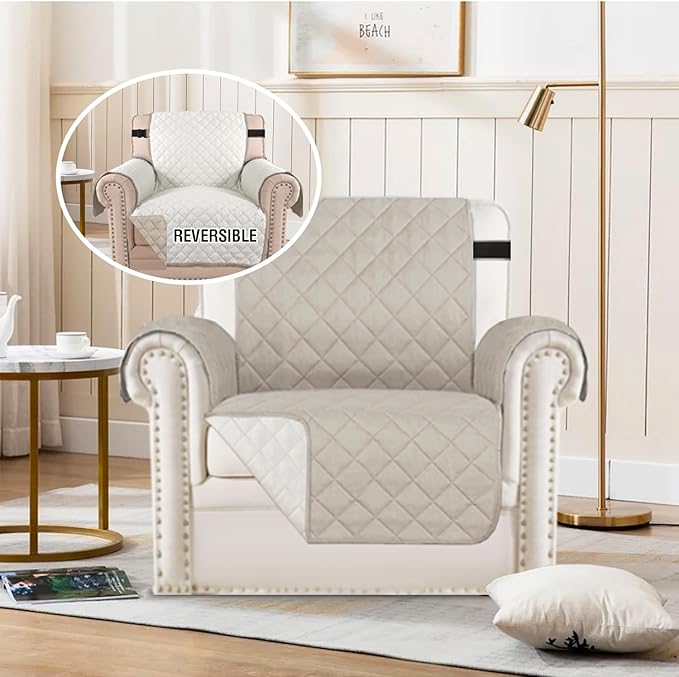 H.VERSAILTEX Chair Slipcover Reversible Chair Cover Water Resistant Washable Chair Cover Non-Slip Fabric Furniture Protector with Elastic Strap for Pets(Armchair, Pale Oak)