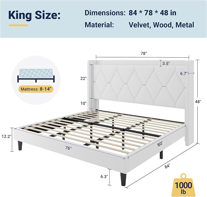 Allewie King Size Bed Frame with Storage Headboard & Charging Station | Diamond Tufted Design & Gold Trim, Velvet Upholstered Platform Bed, No Box Spring Needed, Easy Assembly, Noise-Free, White