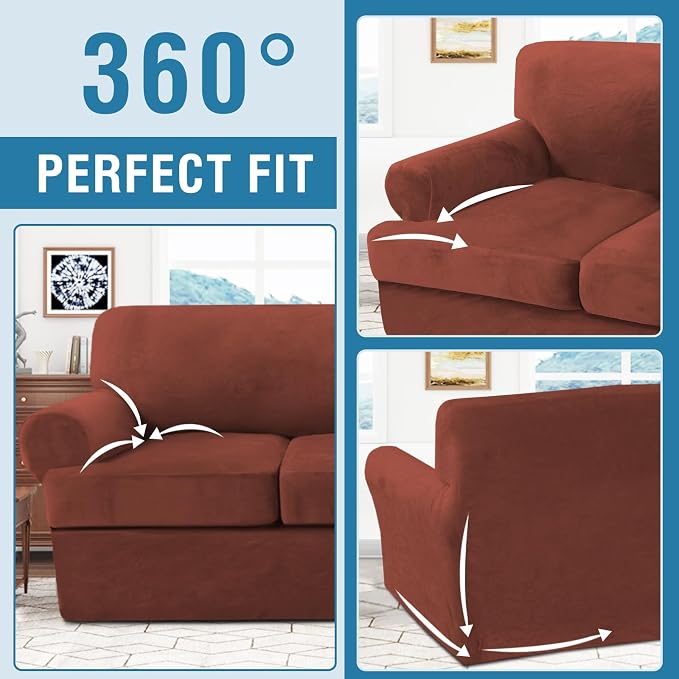 H.VERSAILTEX Sofa Cover 2 Piece T Cushion Armchair Slipcovers Thick Velvet Couch Cover Stretch T Cushion Sofa Covers for 1 Cushion Couch with 1 Individual T Cushion Covers Washable, Rust