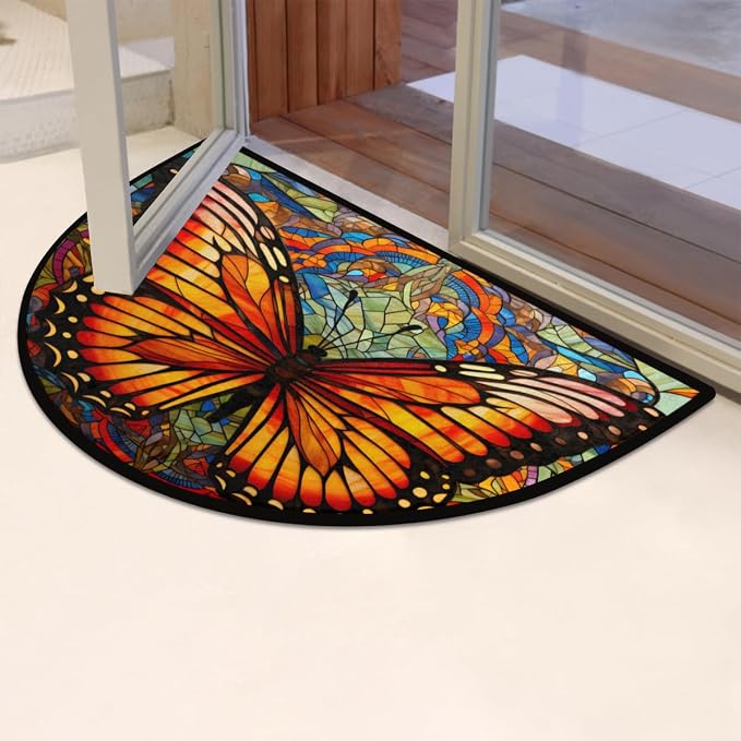 cfpolar Half Round Door Mat Semi Circle Non-Slip Bathroom Floor Rug, Beautiful Butterfly Outdoor Welcome Entrance Way Mat Indoor Absorbent Kitchen Mat for Bedroom,Patio,Garage,Home 36" x 24"