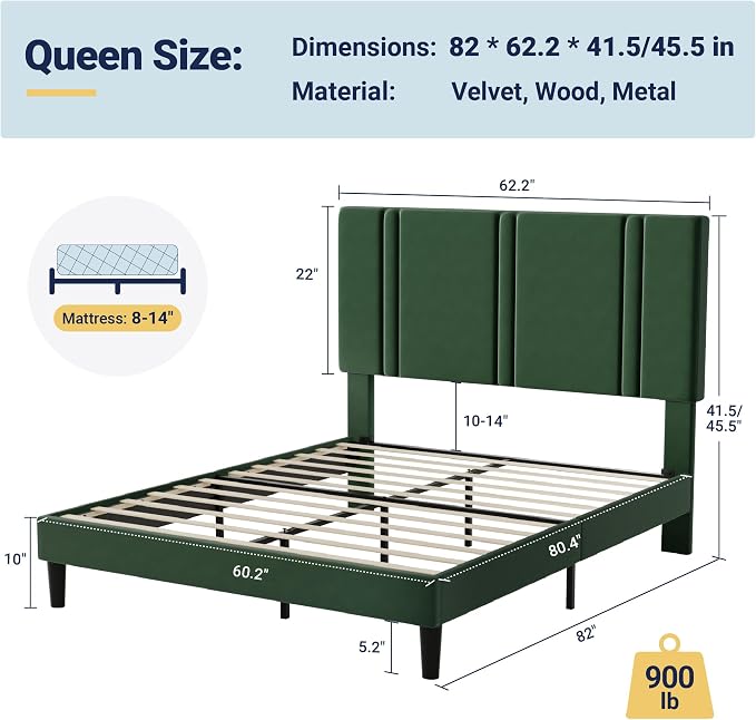 Allewie Queen Platform Bed Frame with Adjustable Headboard | Plush Velvet Upholstered, Vertical Channel Tufted, Sturdy Wood Slats, No Box Spring Needed, Easy Assembly, Green