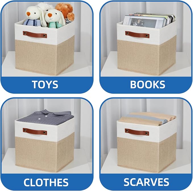 Temary Fabric Storage Cubes Bins, 11 inch Cube Storage Baskets, Foldable Cube Bins Set with Handles, Decorative Storage Boxes for Home Organizing (White & Khaki, 11 x 11 x 11)
