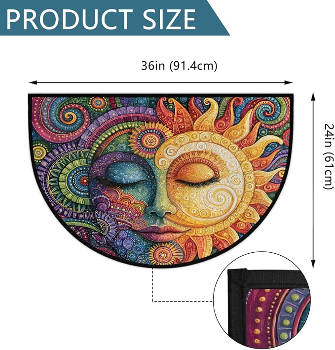 Moon Half Round Door Mat Semi Circle Rug Half Moon Doormat | Soft Washable Mandala Boho Welcome Entrance Mat for Outdoor Indoor Floor Bedroom Bathroom Home Kitchen Festival Decor