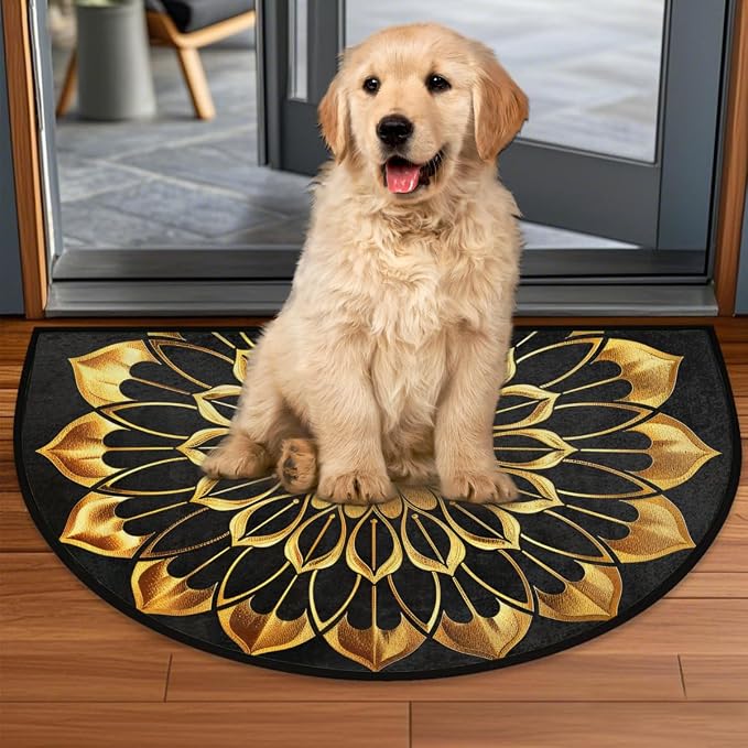 Gold Mandala Half Round Door Mat Non Slip Half Circle Rugs | Ethnic Flower Washable Half Moon Rug Semi Circle Rugs Indoor Entrance Floor Carpet for Kithen Bedroom Fireplace Decor