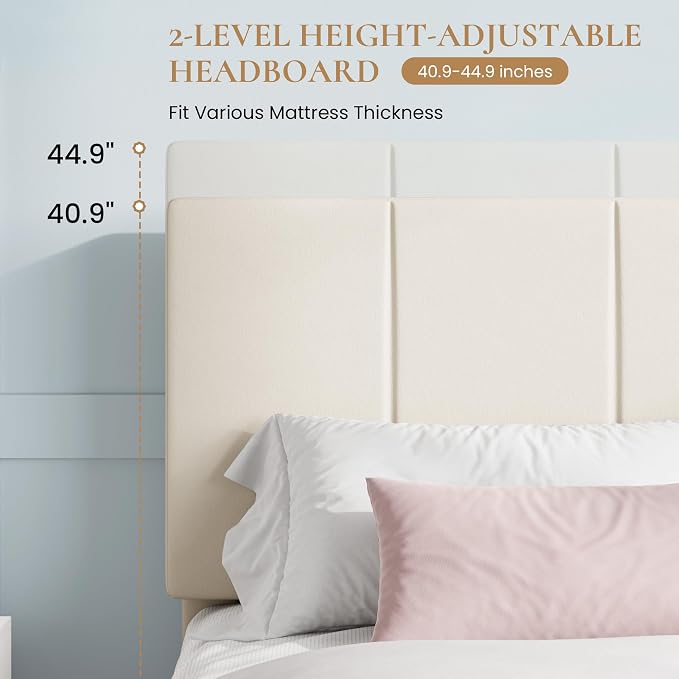 SHA CERLIN King Size Bed Frame, Dutch Velvet Upholstered Platform Bed, Vertical Channel Tufted Adjustable Headboard, Low Profile Bed Frame, No Box Spring Needed, Easy Assembly, Cream