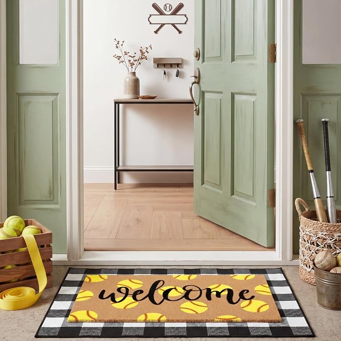 Tinideya 2 Pcs Softball Door Mat Welcome Non Slip Coir Mats Floor Layering Black and White Buffalo Plaid Doormats Seasonal for Front Porch Entryway Decor (23.6 x 35.4 Inches,Softball,Black, Brown)